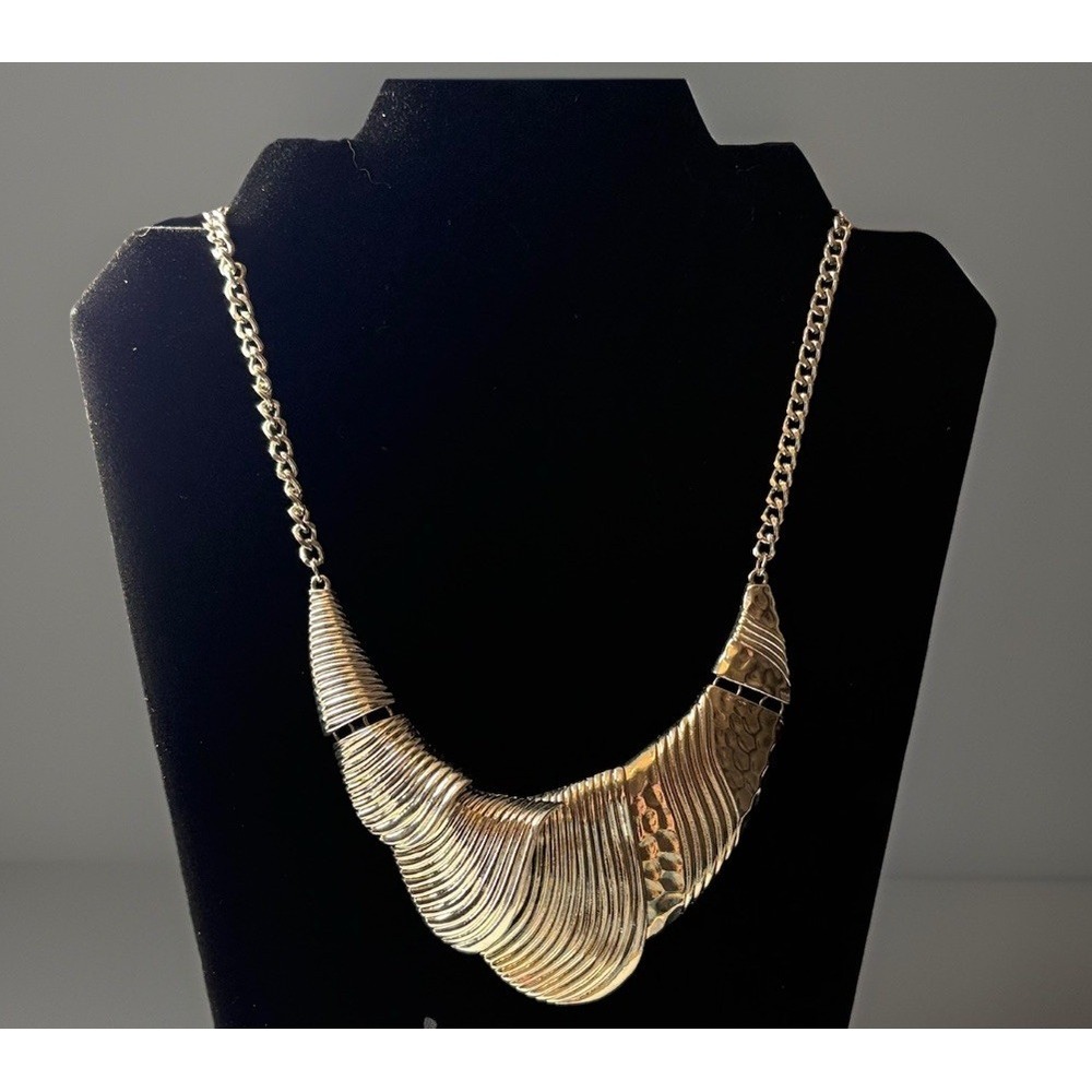 Silver Tone Sculptural Statement Necklace Gunmetal Textured Bib Modern Bold